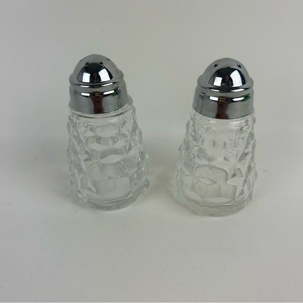 VTG Crystal Fostoria American Salt and Pepper Shaker Set with Chrome Tops